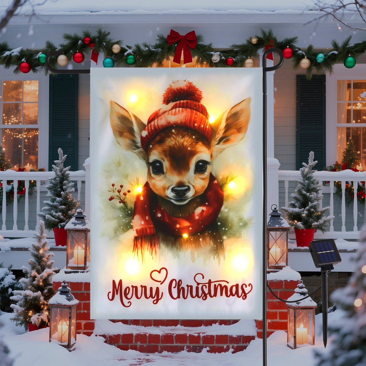Heynemo Christmas Solar Garden Flag with Lights, Led 12"x18" Double-Sided Reindeer Yard Flag, Winter Decor for Lawn, Porch, Path
