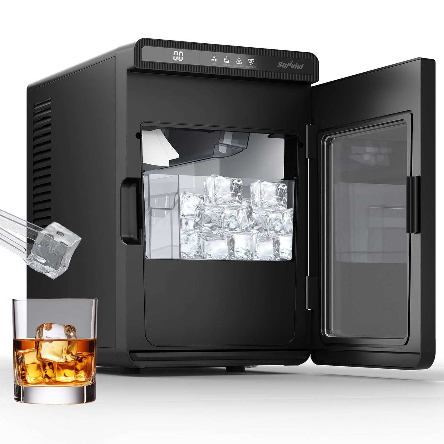 Heynemo Clear Ice Maker for Home – Compact Countertop Ice Machine with 1.6" Square Ice Cubes, Self-Cleaning, LED Light & Timer, Portable Electric Ice Maker for Kitchen, Bar, RV, Black