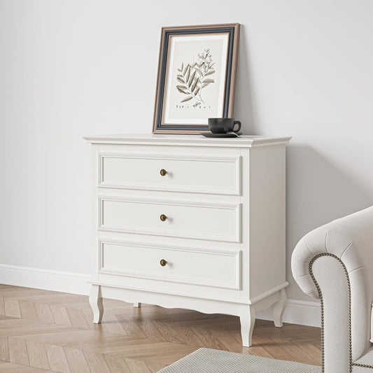 Heynemo Dresser for Bedroom, Modern 3 Drawer Dresser with Solid Wood Legs and Painted Finish, Ideal for Living Room, Nursery, Hallwa, White