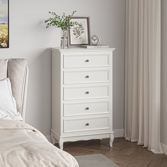 Heynemo Dresser for Bedroom, Modern 5 Drawer Dresser with Solid Wood Legs and Painted Finish, Ideal for Living Room, Nursery, Hallway, Entryway, White