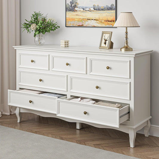 Heynemo Dresser for Bedroom, Modern 7 Drawer Dresser with Solid Wood Legs and Painted Finish, Ideal for Nursery, Living Room, Hallway