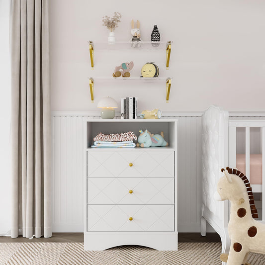 Heynemo Dresser with Drawers & Floating Shelves, 3 Drawer Dresser with Open Storage & Painted Finish, for Bedroom, Closet, Hallway, White