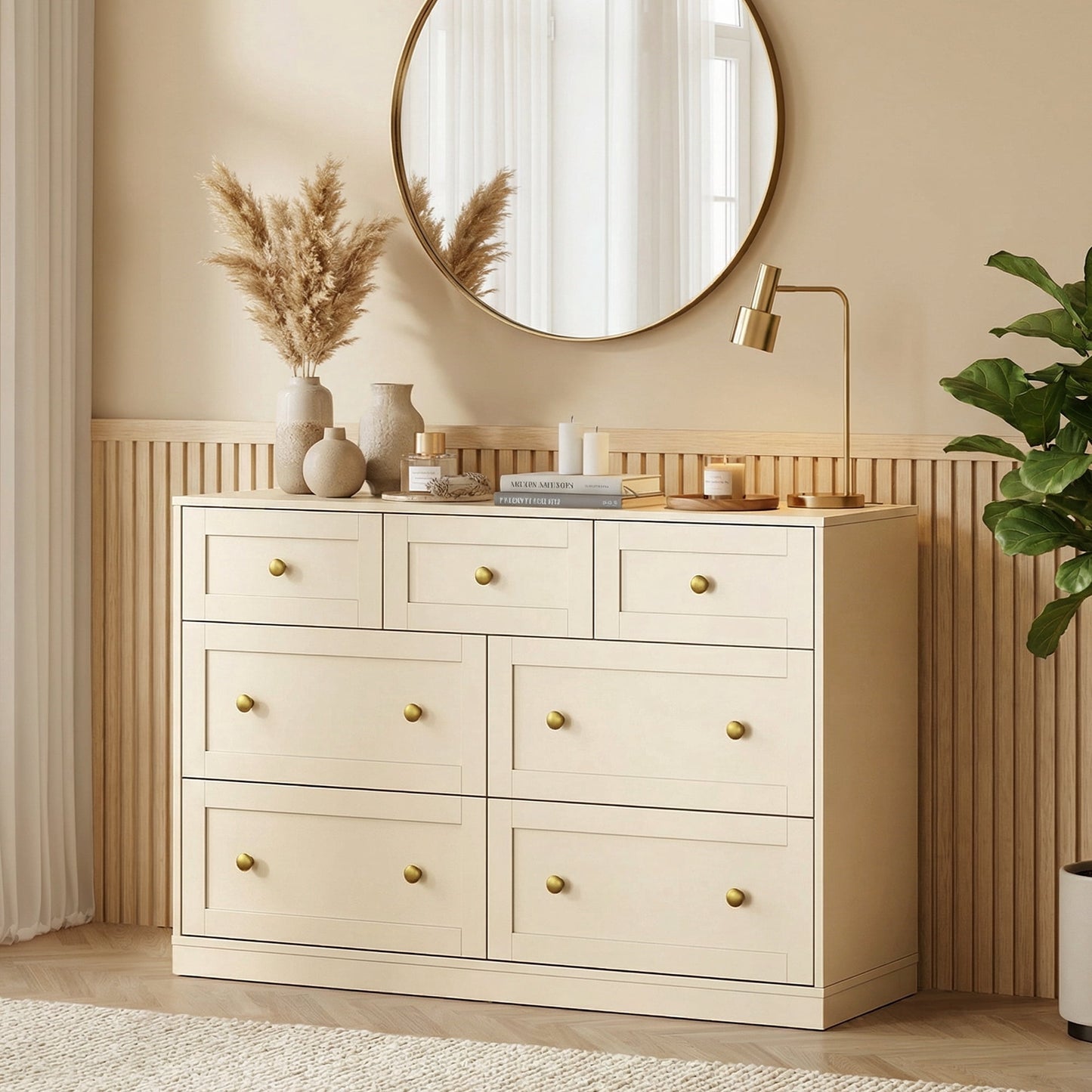 Heynemo Dresser for Bedroom with 7 Drawers, Wood Drawer Organizer for Bedroom, Living Room, Hallway, Beige