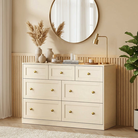 Heynemo Dresser for Bedroom with 7 Drawers, Wood Drawer Organizer for Bedroom, Living Room, Hallway, Beige