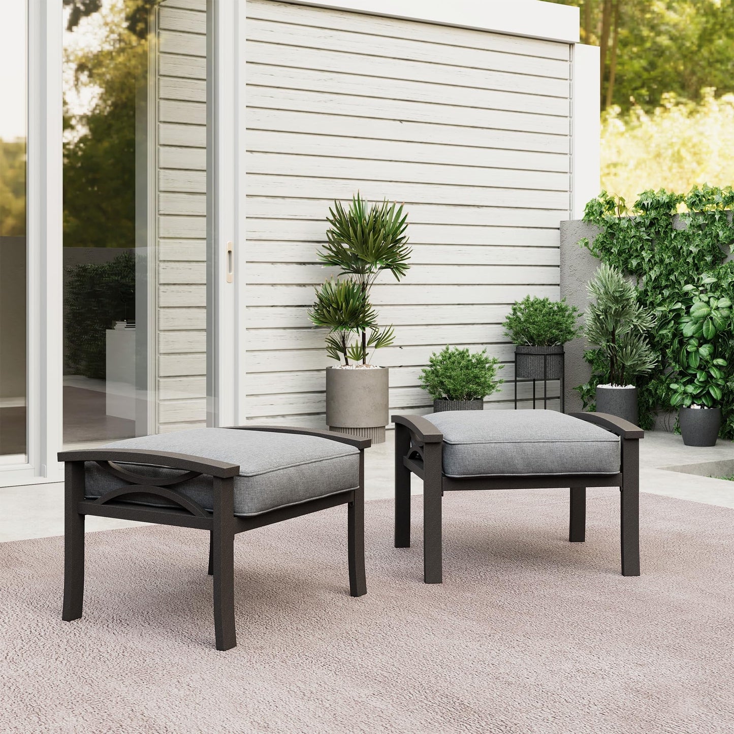 Heynemo Durable Iron Patio Footstool with Cushions ¨C Stable, Weather-Resistant Outdoor Ottoman for Relaxation & Extra Seatin, Black