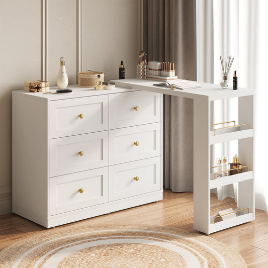 Heynemo Extendable Makeup Vanity Desk with 3 Side Shelves, L-Shaped Vanity Table and Dresser Combo with 6 Drawers, Modern Dressing Table for Bedroom, Dressing Room, White