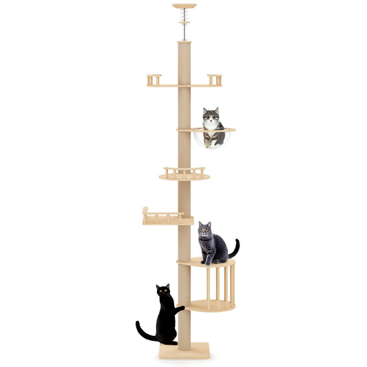 Heynemo Floor to Ceiling Cat Tree Tower Adjustable Height Multi-Level with Acrylic Capsule Sisal Scratching Posts Stable Stylish for Kittens & Large Cats
