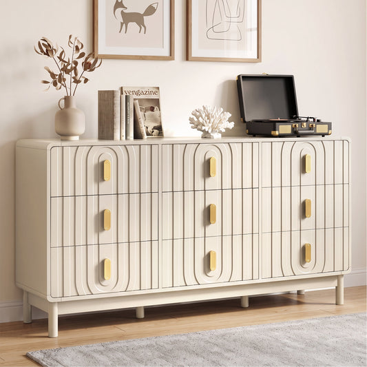 Heynemo Fluted Chest of 9 Drawers, Beige Modern 9 Drawer Dresser with Gold Metal Handles, Wide Storage Dresser Cabinet for Bedroom Living Room