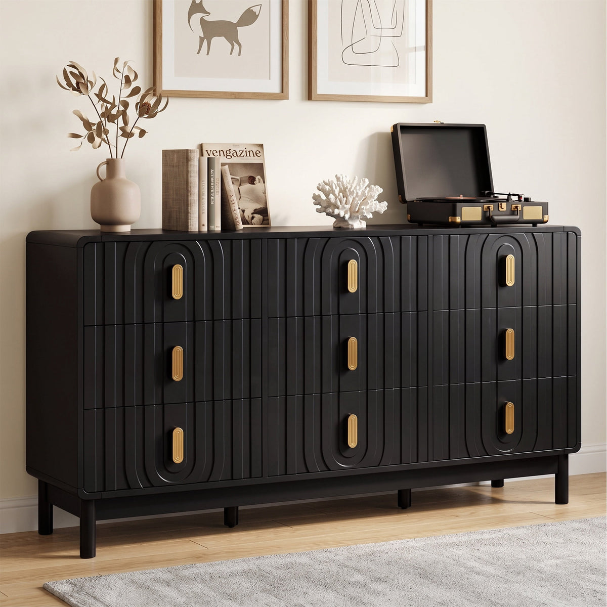 Heynemo Fluted Chest of 9 Drawers, Black Modern 9 Drawer Dresser with Gold Metal Handles, Wide Storage Dresser Cabinet for Bedroom Living Room
