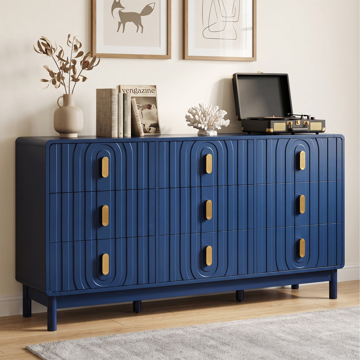 Heynemo Fluted Chest of 9 Drawers, Blue Modern 9 Drawer Dresser with Gold Metal Handles, Wide Storage Dresser Cabinet for Bedroom Living Room