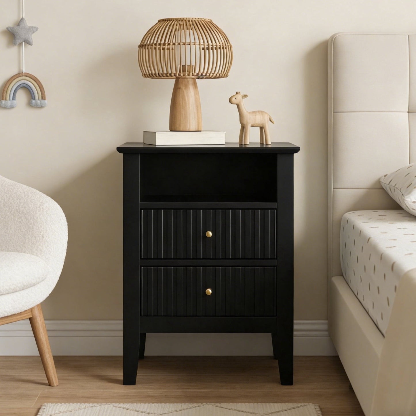 Heynemo Black Fluted Nightstand with 2 Drawers, Modern Wooden Sofa Table for Small Spaces, Tall End Table for Bedroom, Living Room