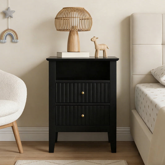 Heynemo Black Fluted Nightstand with 2 Drawers, Modern Wooden Sofa Table for Small Spaces, Tall End Table for Bedroom, Living Room