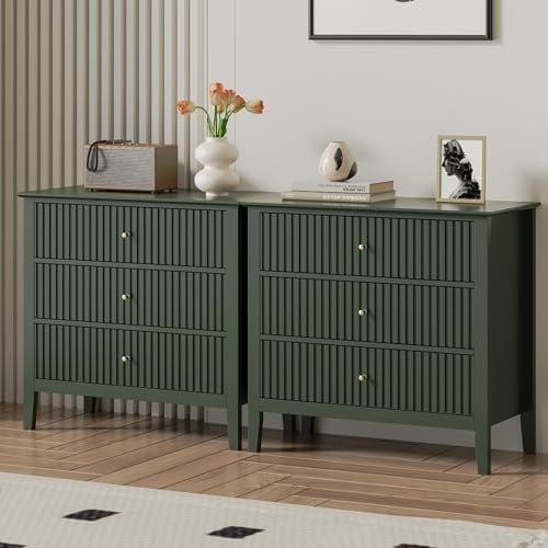 Heynemo Green 30" Dressers Set of 2, Modern 3-Drawer Wood Nightstands with Ball Bearing Slides, Wide Storage Chests for Bedroom, Living Room, Entryway or Office