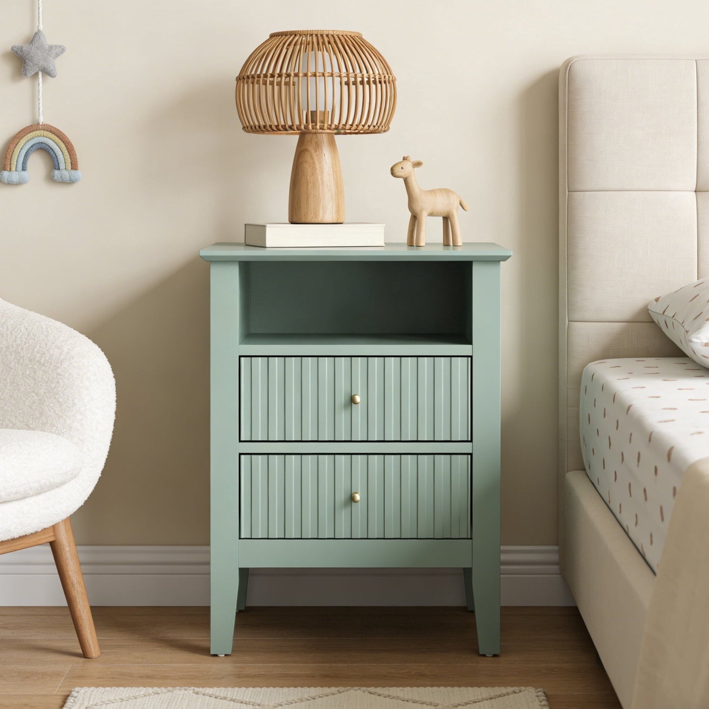 Heynemo Green Fluted Nightstand with 2 Drawers, Modern Wooden Sofa Table for Small Spaces, Tall End Table for Bedroom, Living Room