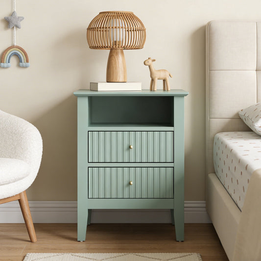 Heynemo Green Fluted Nightstand with 2 Drawers, Modern Wooden Sofa Table for Small Spaces, Tall End Table for Bedroom, Living Room