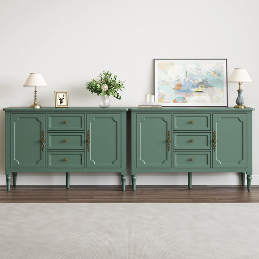 Heynemo Green Sideboard Cabinet Set of 2, 47" Accent Cabinet with 3 Drawers & 2 Doors, Vintage Storage Cabinet with Gold Handles & Solid Legs, MDF Console Cabinet for Dining Room, Living Room