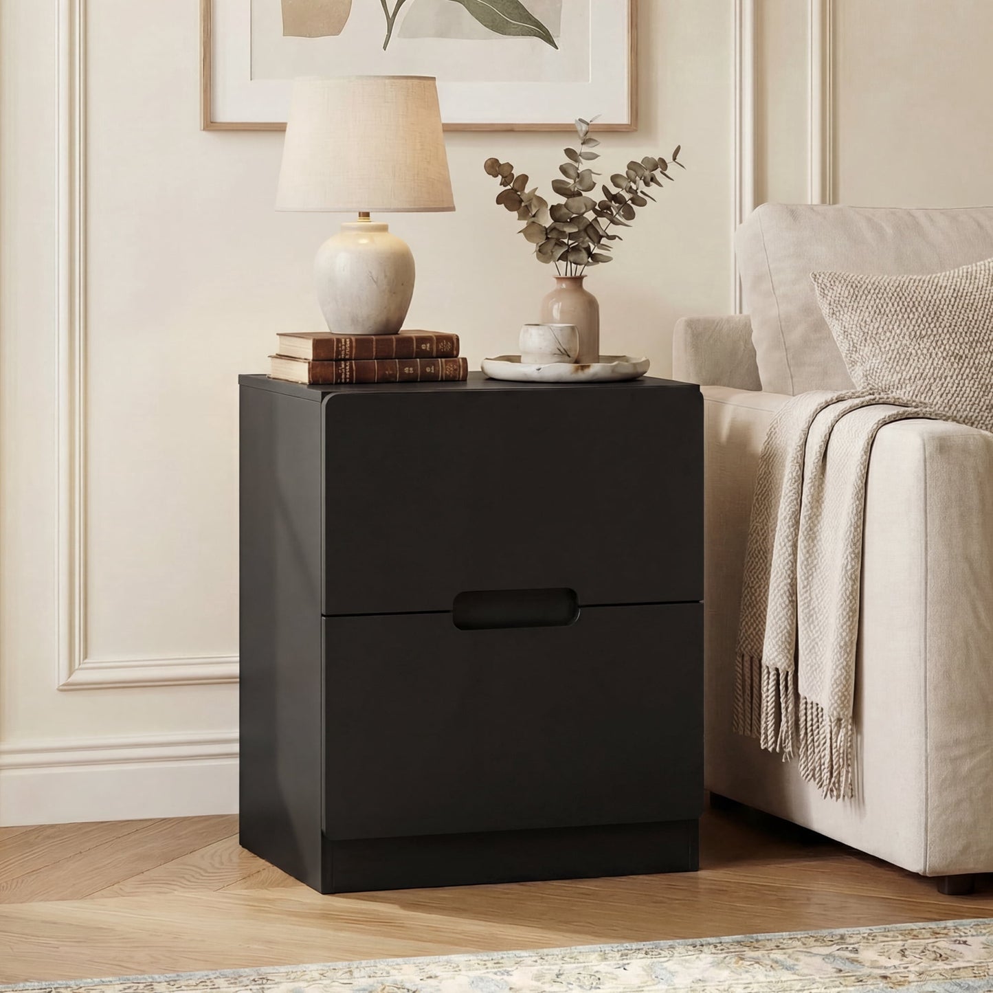 Heynemo Handless Nightstand with 2 Drawers, Modern End Table for Bedroom, Living Room, Hallway, Black