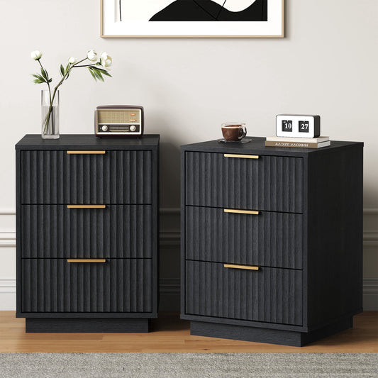 Heynemo Low 3-Drawer Dresser Set of 2, Modern Storage Cabinet with Wavy Drawers for Bedroom, Hallway, or Living Room, Black