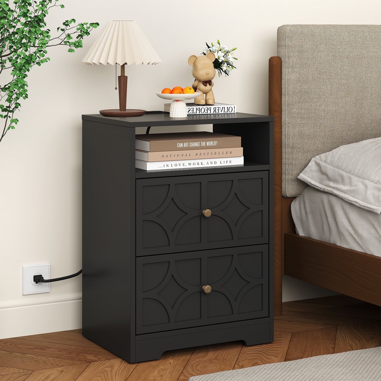 Heynemo Modern Accent Side Table with 2 Drawers, Gold Knobs, and Diamond Carvings, Large Night Stand for Living Room, Bedroom, Entryway, Black