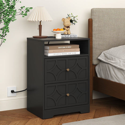 Heynemo Modern Accent Side Table with 2 Drawers, Gold Knobs, and Diamond Carvings, Large Night Stand for Living Room, Bedroom, Entryway, Black