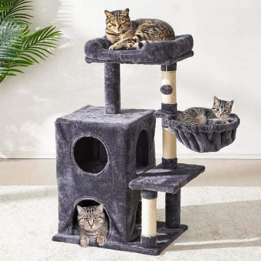 Heynemo Multi-Level Cat Tree Tower for Large Cats with Scratching Posts, Condos, Perch, Hammocks & Toys ¨C Modern Indoor Cat Jungle Gym for 2¨C3 Cats, 19.7" x 15.7" x 35.8", Dark Grey