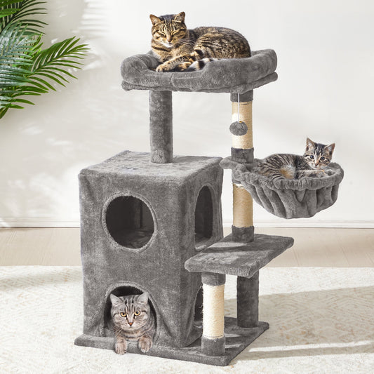 Heynemo Multi-Level Cat Tree Tower for Large Cats with Scratching Posts, Condos, Perch, Hammocks & Toys ¨C Modern Indoor Cat Jungle Gym for 2¨C3 Cats, 19.7" x 15.7" x 35.8", Grey