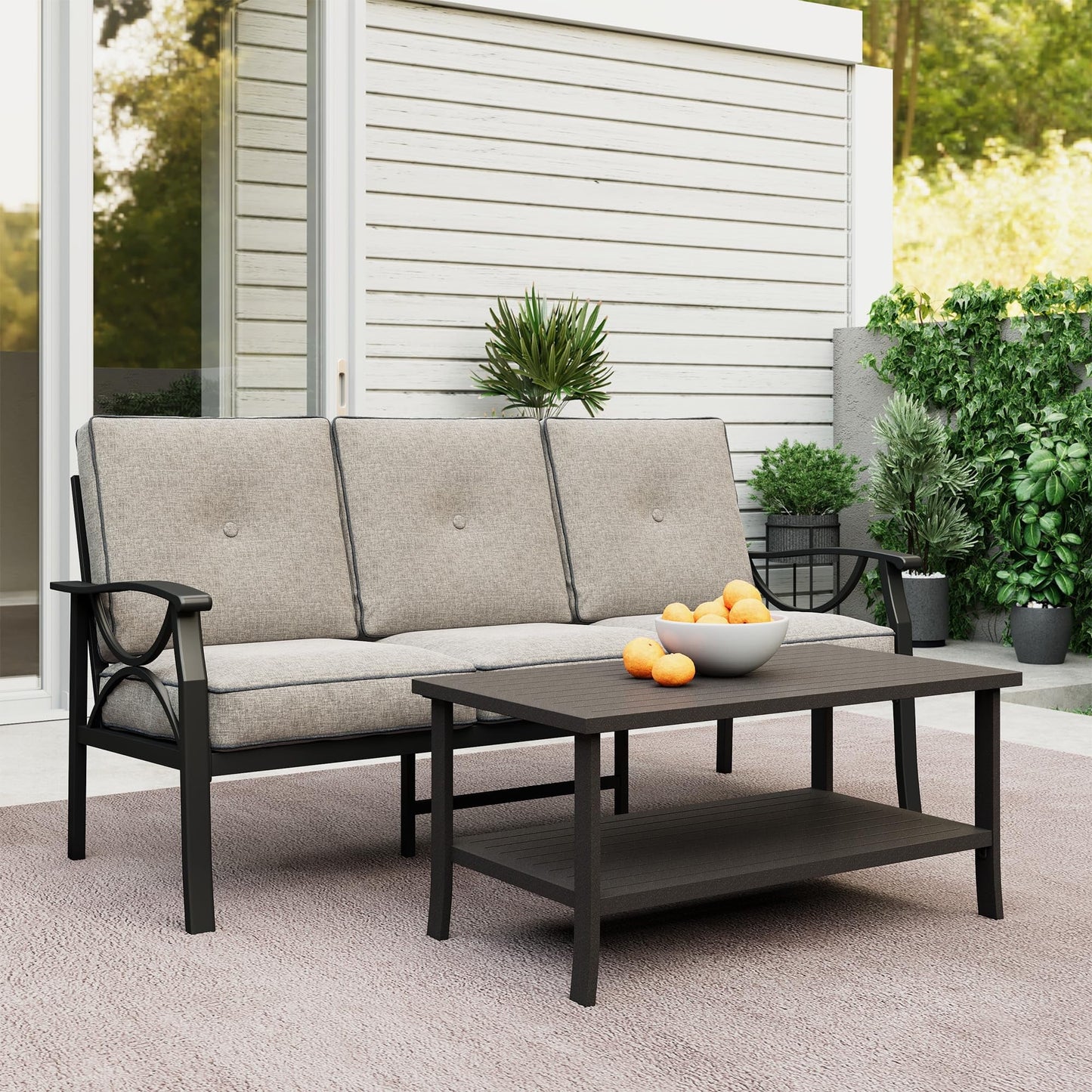 Heynemo Outdoor Patio Furniture Set, 2 Piece Patio Conversation Set, Metal Furniture Set with 3 seat Sofa for Porch Backyard, Black Metal Chair with Gray Cushions