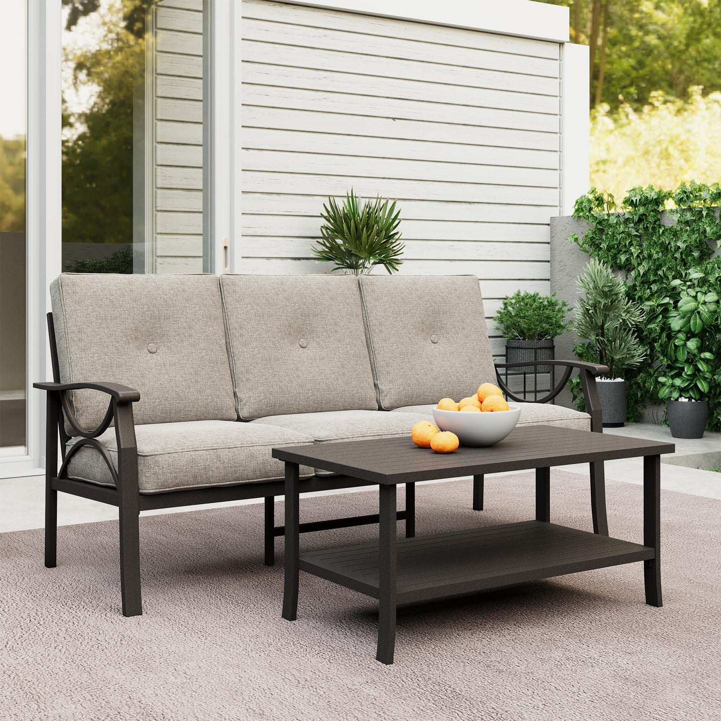 Heynemo Outdoor Patio Furniture Set, 2 Piece Patio Conversation Set, Metal Furniture Set with 3 seat Sofa for Porch Backyard, Black Metal Chair with Gray Cushions