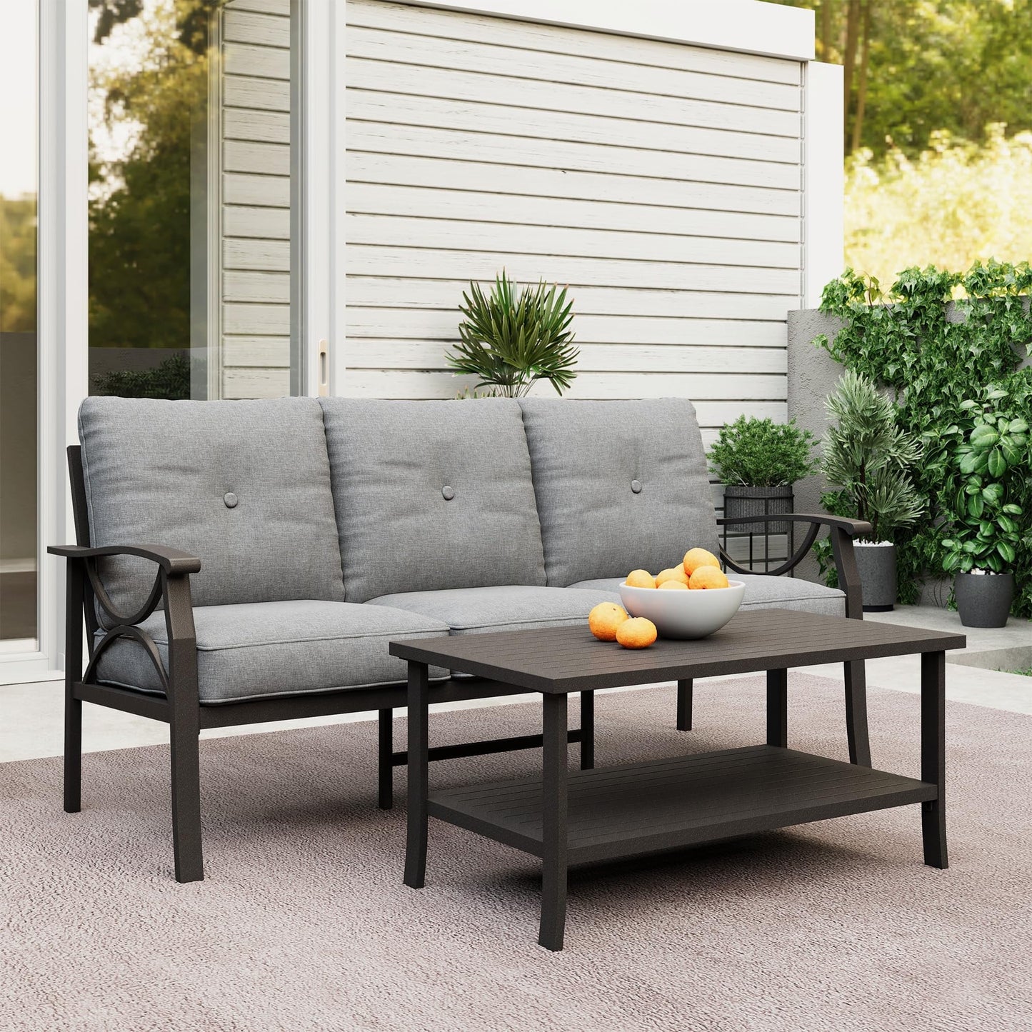Heynemo Outdoor Patio Furniture Set, 2 Piece Patio Conversation Set, Metal Furniture Set with 3 seat Sofa for Porch Backyard, Black Metal Chair with Gray Cushions
