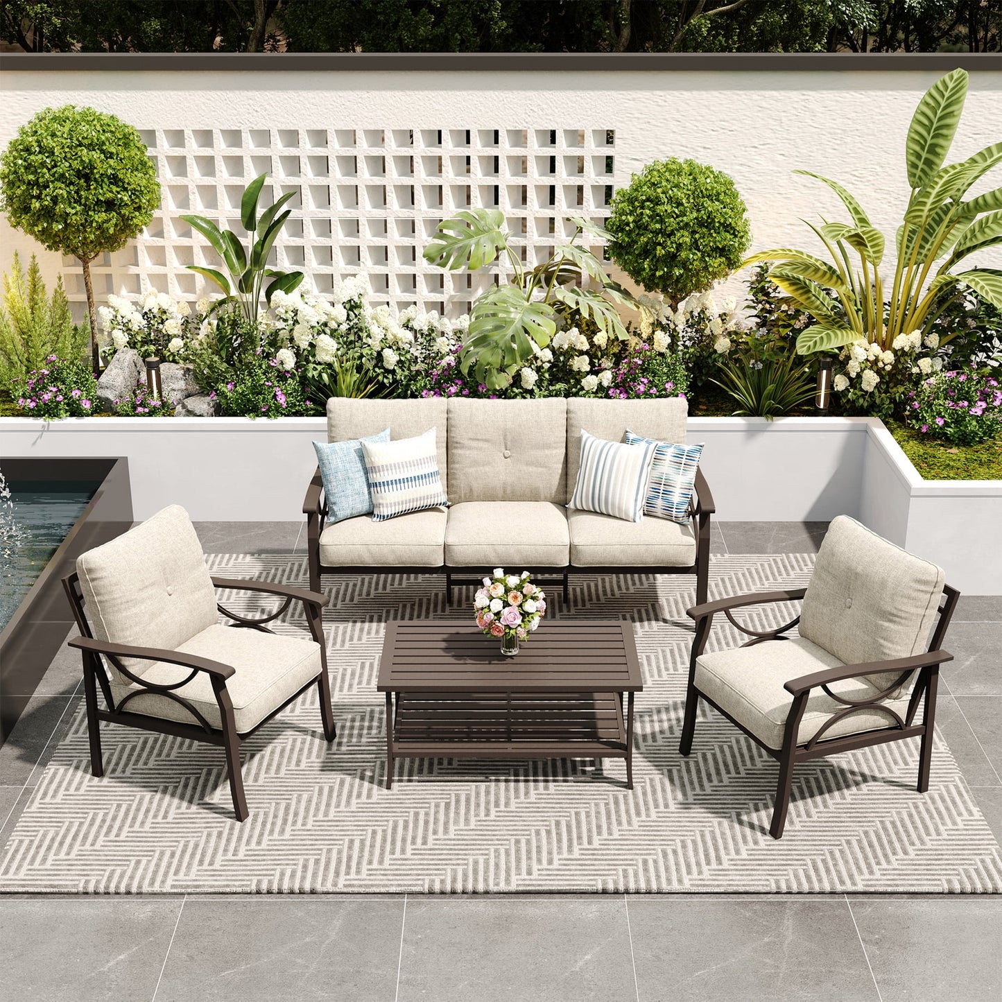 Heynemo 5-Seater Outdoor Patio Furniture Set, 4 Piece Patio Conversation Set with Coffee Table, Metal Furniture Set for Porch Backyard Garden, Coffee