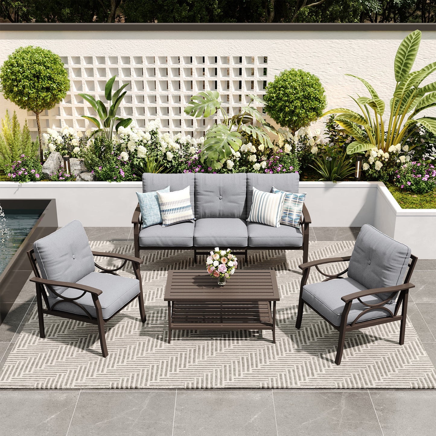 Heynemo 5-Seater Outdoor Patio Furniture Set, 4 Piece Patio Conversation Set with Coffee Table, Metal Furniture Set for Porch Backyard Garden, Grey