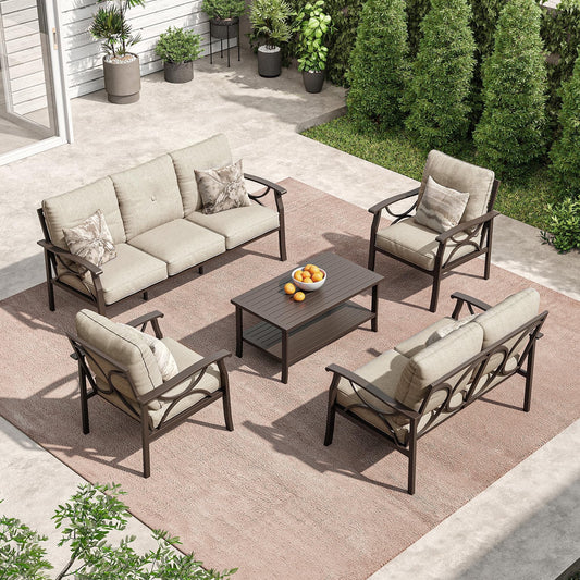 Heynemo Outdoor Patio Furniture Set for 7, 5 Piece Metal Patio Conversation Set with Coffee Table for Porch Backyard Garden, Coffee