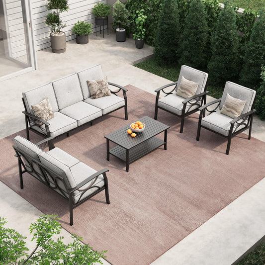 Heynemo Outdoor Patio Furniture Set for 7, 5 Piece Metal Patio Conversation Set with Coffee Table for Porch Backyard Garden, Grey