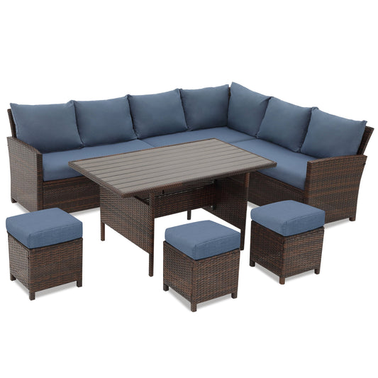 Heynemo Outdoor Patio Furniture Set, 7 Piece Outdoor Dining Sectional Sofa with Dining Table and Chair, All Weather Wicker Conversation Set with Ottoman, Blue