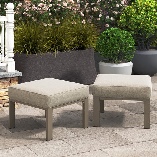 Heynemo Patio Furniture Footstools Metal Ottomans Set of 2, Metal Outdoor Ottomans with Upgraded Cushions, All-weather Outdoor Footrest Seat for Balcony, Garden, Deck, Backyard, Beige
