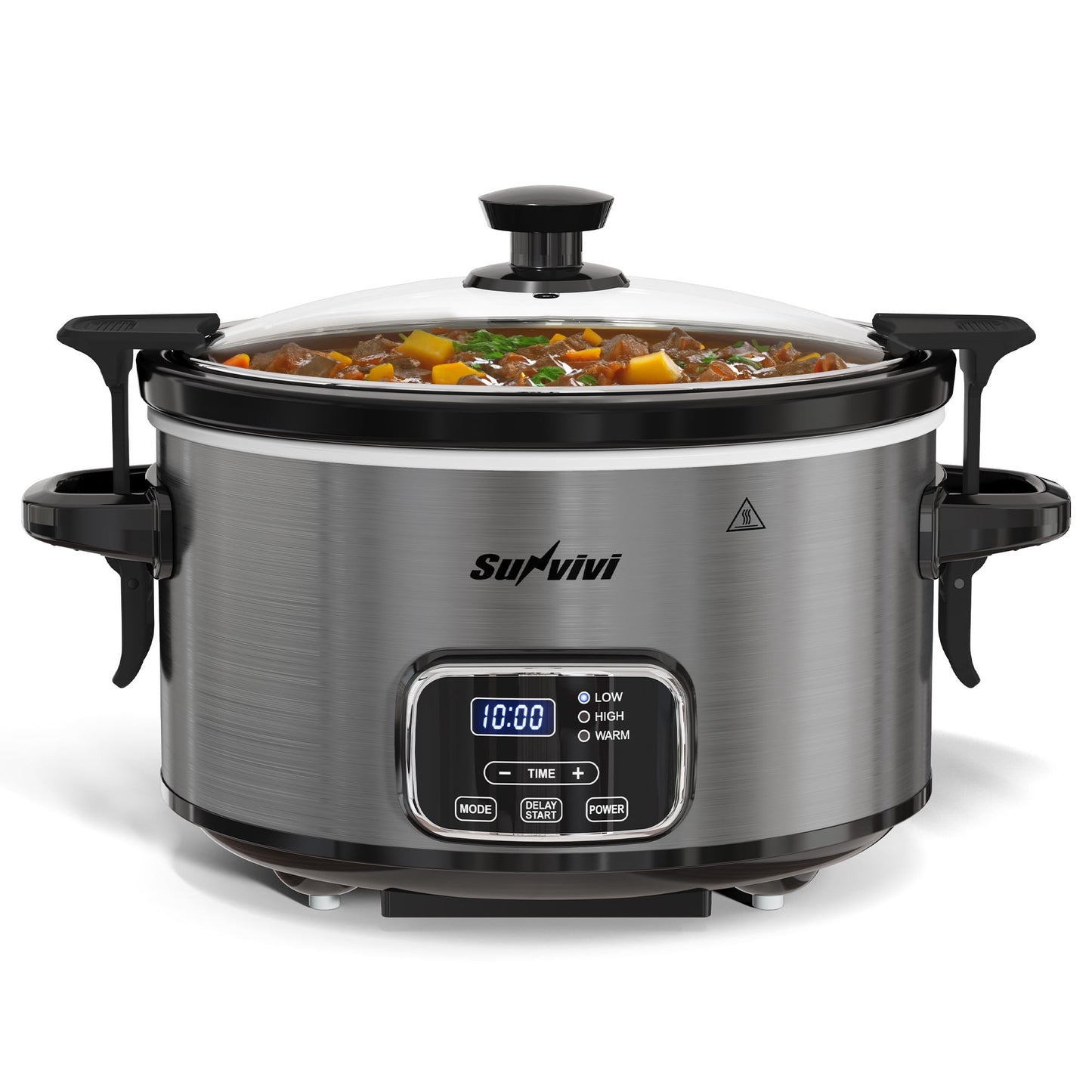 Heynemo Programmable 4 Quart Slow Cooker with Timer, Stainless Steel Pot with Locking Lid, 3 Temperature Modes & Ceramic Bowl, Silver
