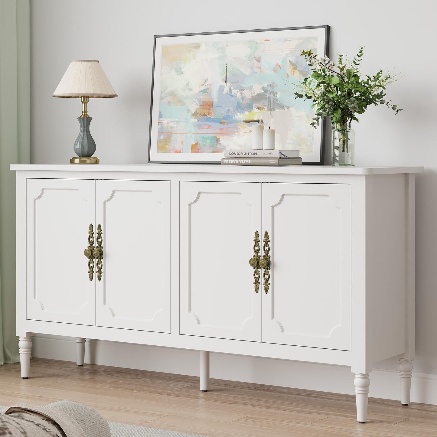 Heynemo Sideboard, 58'' Mid Century Modern Storage Sideboards with 4 Doors and Adjustable Shelves, Console Table for Entryway, Dining Room, Living Room, White