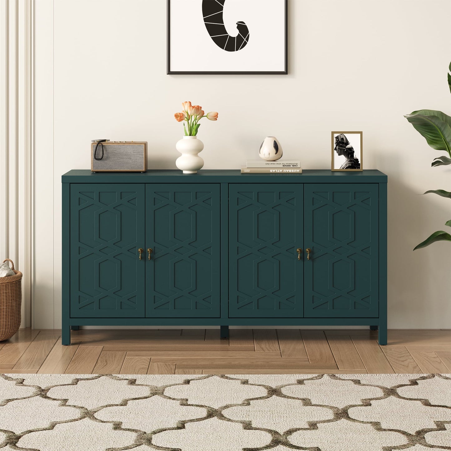 Heynemo Sideboard Buffet, 58'' Mid Century Modern Sideboard Buffet with 4 Doors and Adjustable Shelves, Sideboard Buffet for Entryway, Dining Room, Living Room, Bedroom, Turquoise