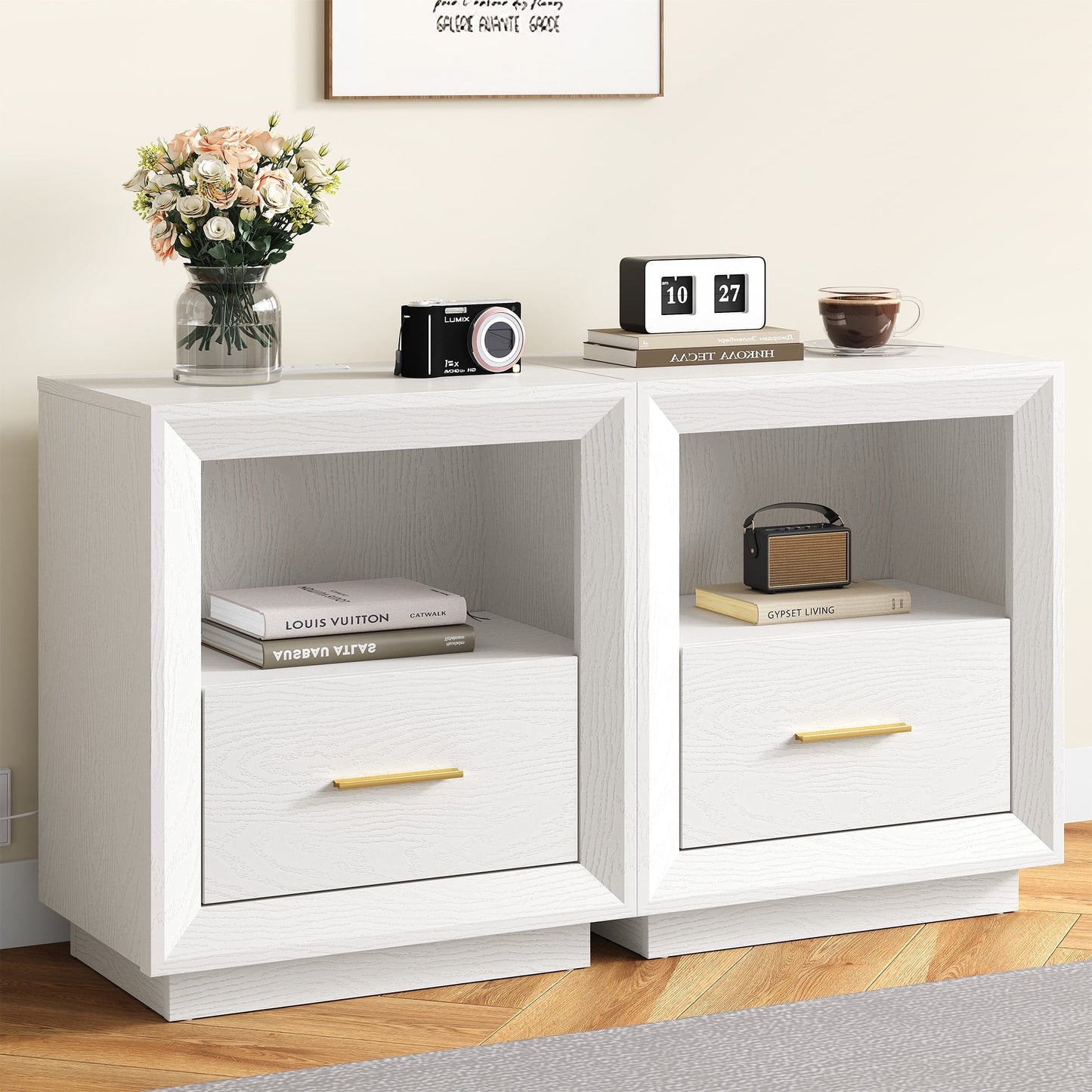 Heynemo Smart Nightstand Duo: Charging Bedside Tables with Big Storage Drawer, Dual USB-C Hub, Multi-Functional Cabinet for Bedroom, Set of 2, White