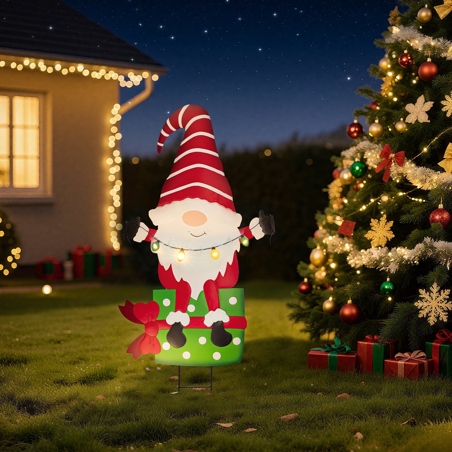Heynemo Solar Christmas Gnome Yard Stake, Lighted Metal Holiday Garden Decoration, Waterproof Lawn & Pathway Ornament, Chimney Style