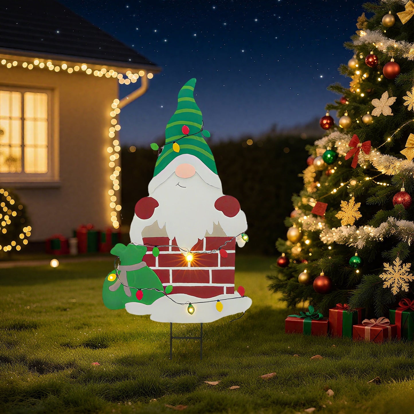 Heynemo Solar Christmas Gnome Yard Stake, Lighted Metal Holiday Garden Decoration, Waterproof Lawn & Pathway Ornament, Present Style