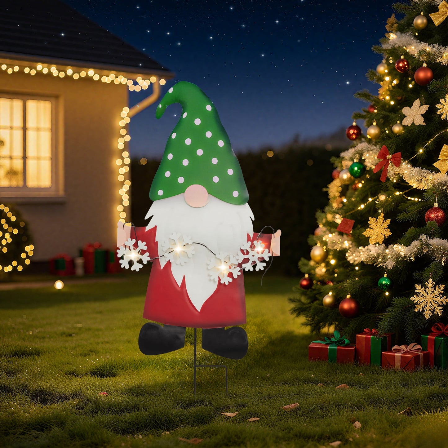 Heynemo Solar Christmas Gnome Yard Stake, Lighted Metal Holiday Garden Decoration, Waterproof Lawn & Pathway Ornament, Snowflake Style