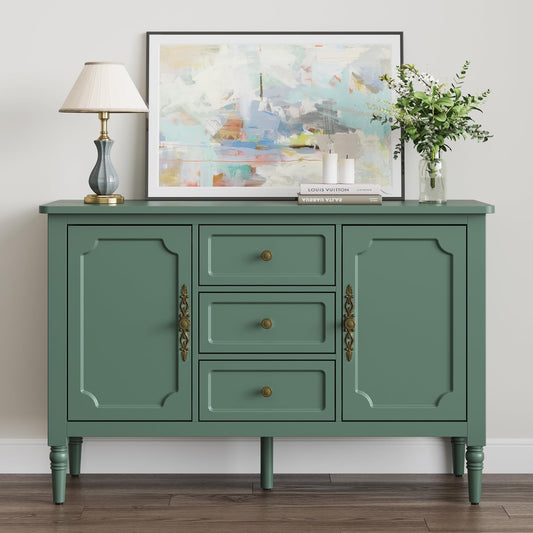 Heynemo Storage Cabinet with 2 Doors & 3 Drawers, Mid-Century Sideboard Cabinet with Adjustable Shelves, Wood Buffet Cabinet with Turned Legs, Ideal for Entryway, Living Room, Dining Room, Green