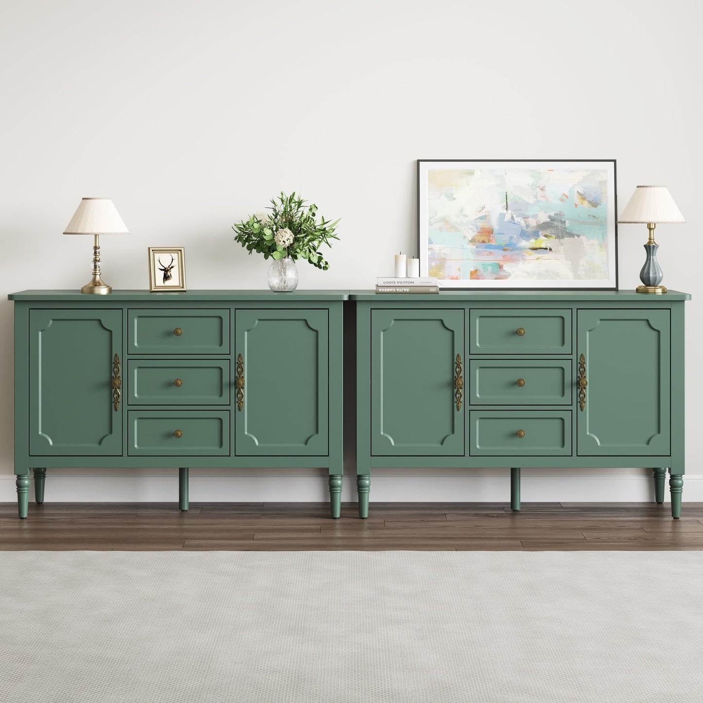 Heynemo Storage Cabinet Set of 2 with 2 Doors & 3 Drawers, Sideboard Cabinet with Adjustable Shelves, Wood Buffet Cabinet with Turned Legs, Ideal for Entryway, Living Room, Dining Room, Green