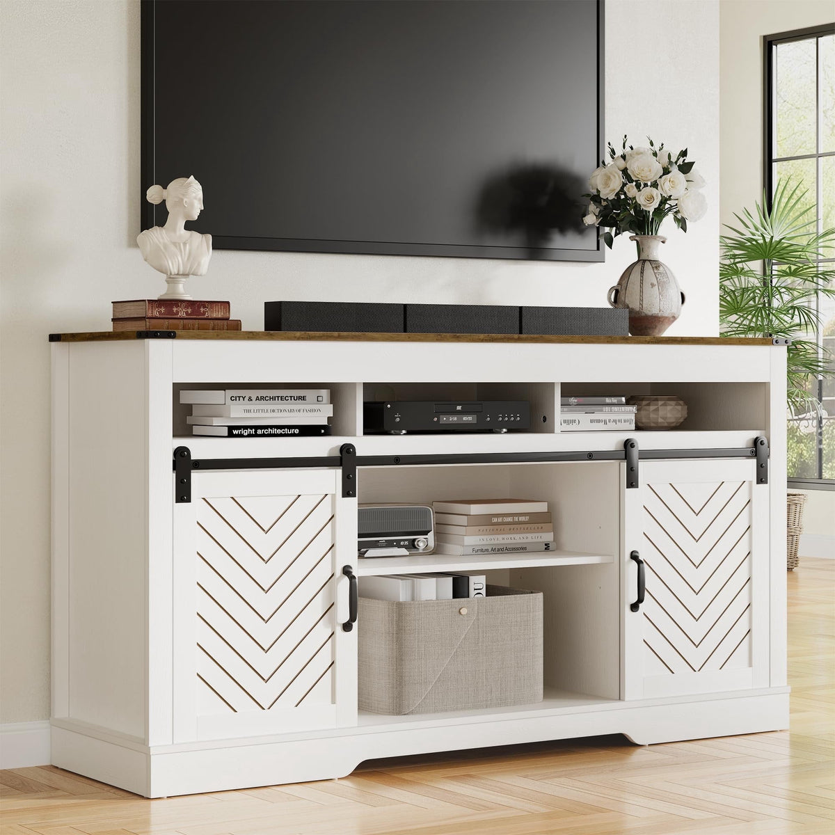 Heynemo TV Stand for 65+ Inch TV, Farmhouse 34'' Tall Entertainment Center for 23" Fireplace, Rustic TV Console with Sliding Bar Door for Living Room (White and Rustic Oak)