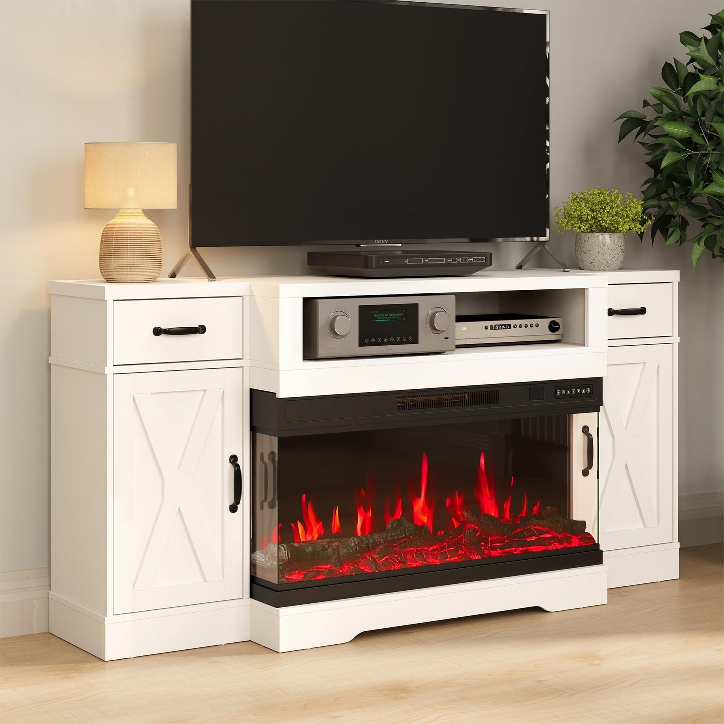 Heynemo TV Stands with 36'' Fireplace for TVs up to 75'', Media Console Table with Adjustable Shelves, Double-door Design, Entertainment Center for Living Room, Bedroom, White