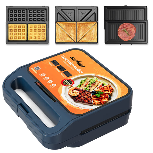 Heynemo Versatile 3-in-1 Waffle Maker & Panini Press, 1000W Electric Sandwich Maker with Removable Non-Stick Plates, Tempered Glass Lid, Cool Touch Handle & Easy Cleanup