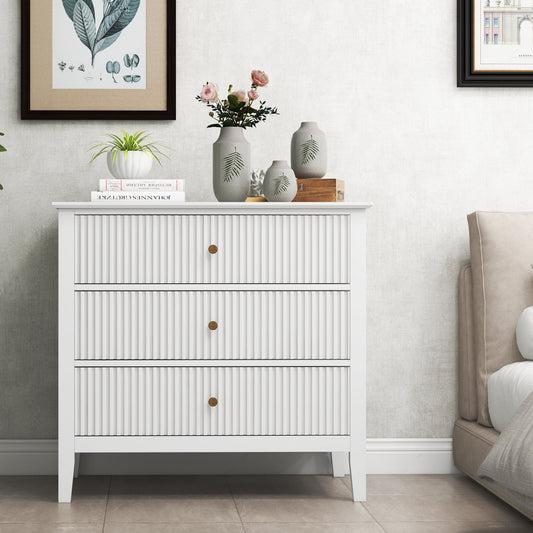 Heynemo White 3 Drawer Dresser with Fluted Panel, Modern Chest of Drawers with Silent Slide Drawers, Wood Accent Nightstand for Bedroom Living Room