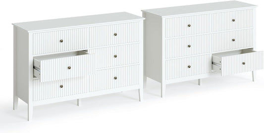 Heynemo 6 Drawer Dresser Set of 2 for Bedroom, Long Chest of Drawers with Fluted Panel, Silent Slide, Waterproof Lacquered Desktop, for Living Room