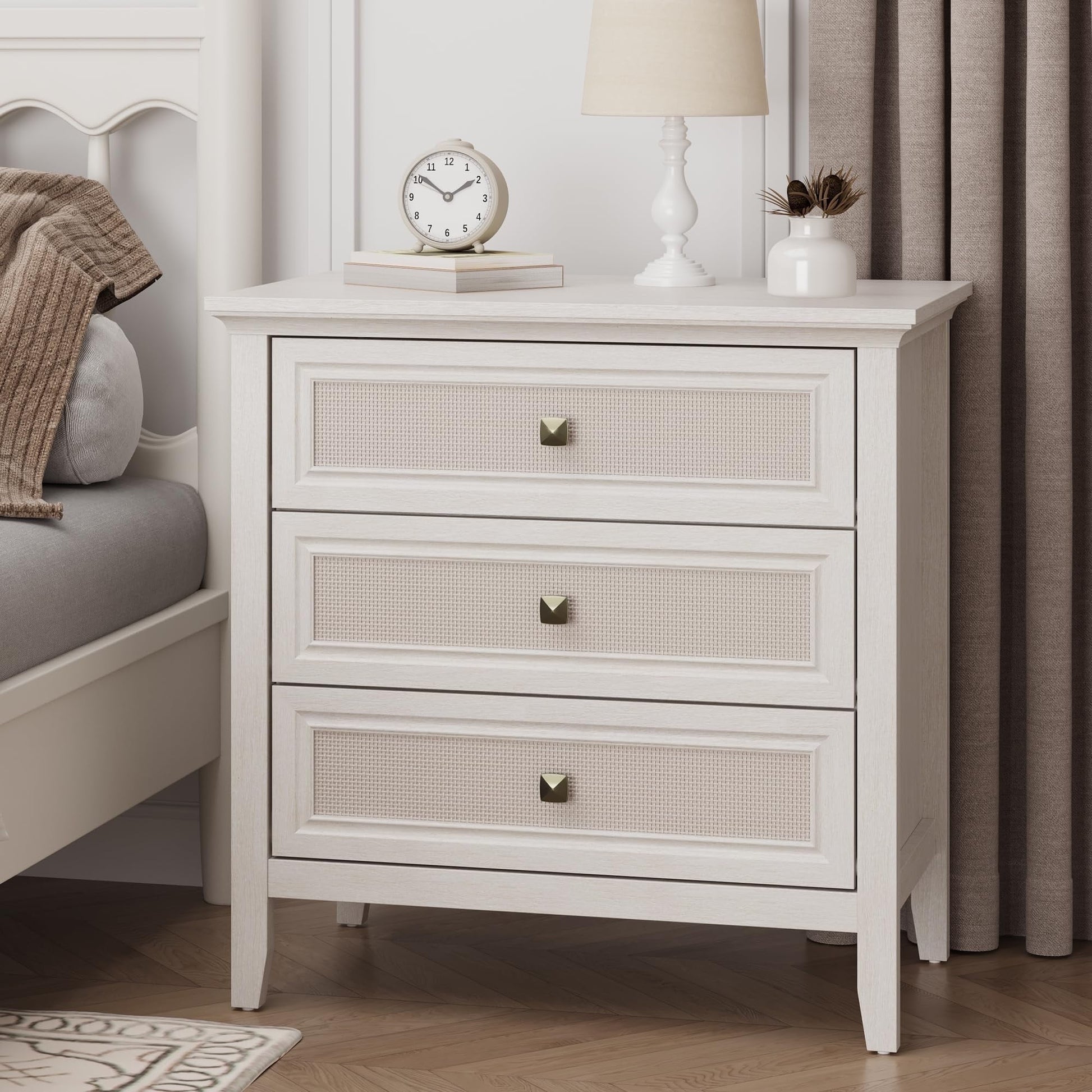 Heynemo White Dresser for Bedroom, Boho Tall Dresser with 3 Rattan Dec